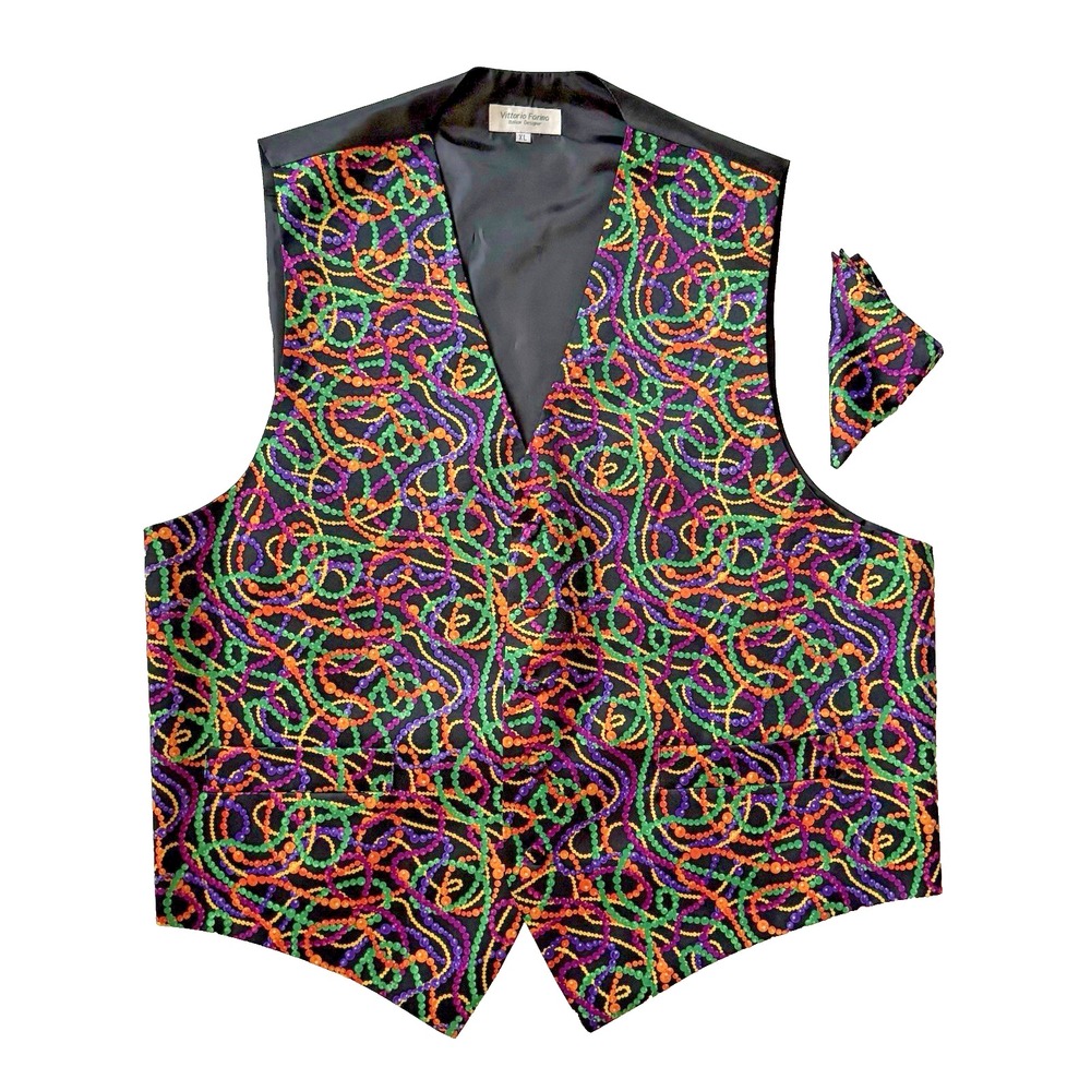 Mardi Gras Bead Formal Party Tuxedo Vest Men XL Black New Orleans Pocket Square